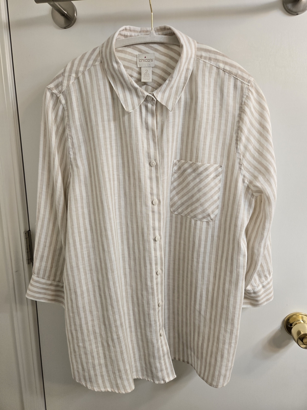 Chico's No-Iron 100% Linen Striped Button Down Shirt Beige White Size 2 L